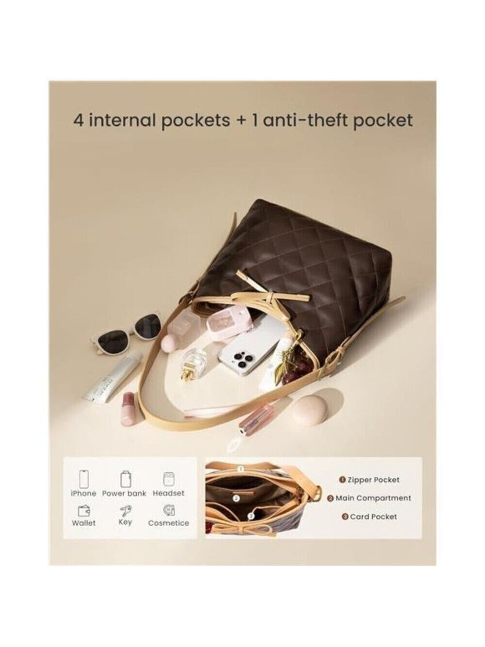 Purses for Women Soft Brown Vegan Leather Hobo Handbags Quilted Crossbody Bag - Picture 5 of 7
